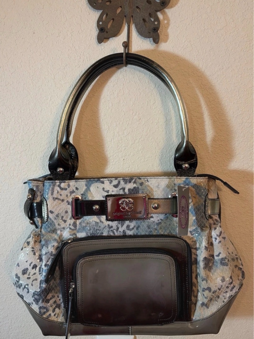Sharif Grey Snake blue leopard Print Tote Bag with Black Trim